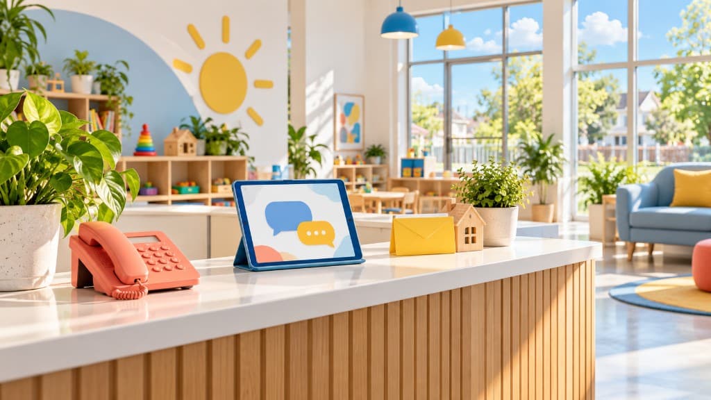 Friendly contact desk with phone, tablet, and mail in a bright childcare setting